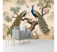 Custom Size Wall Murals, Peacock Pair on Gnarled Branch & Lush Foliage Scene, Self-Adhesive Removable Wall Covering Fabric, Large Photo Wallpaper for Living Room Bedroom Kitchen Office Kids