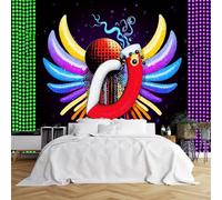 Custom Size Wall Murals,Psychedelic Abstract Art - Red Curved Shape Black Sphere Yellow Moons Colorful Wings Self - Adhesive Wall Covering Fabric (NO PVC),Removable Wallpaper for Living Room