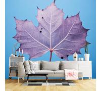 Custom Size Wall Murals,Purple Maple Leaf Minimalist Botanical Art Blue Background Nature Aesthetic,SelfAdhesive Wall Fabric(NO PVC) Removable Large Wallpaper for Living Room,Bedroom