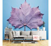 Custom Size Wall Murals,Purple Maple Leaf Minimalist Botanical Art Natural Texture Aqua Blue Background,SelfAdhesive Wall Fabric(NO PVC) Wallpaper for Living Room
