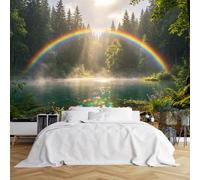 Custom Size Wall Murals Rainy Forest Lake Rainbow Reflection Scenery Wall Murals Realistic Nature Wallpaper Wall Covering Fabric Self-Adhesive Removable Wallpaper