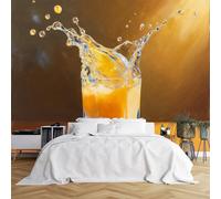 Custom Size Wall Murals,Realistic Orange Juice Splash on Glass with Dynamic Motion and Warm Background Gradient,Self-Adhesive Wall Covering Fabric(NO PVC),Removable Wallpaper for Living Room