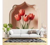 Custom Size Wall Murals,Red Tulip Floral Botanical Garden Elegant Flowers Nature Bloom Spring Bouquet,SelfAdhesive Wall Fabric(NO PVC) Removable Large Wallpaper for Living Room,Bedroom