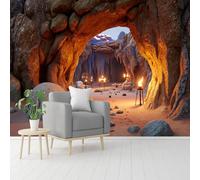 Custom Size Wall Murals, Rocky Cave with Torches & Snow-Capped Mountains, Self-Adhesive Removable Peel and Stick Wallpaper, for Living Room, Bedroom, Shop, Office, Kids