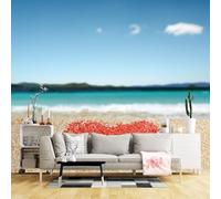 Custom Size Wall Murals,Romantic Red Heart on Sandy Beach Tropical Ocean View,Self-Adhesive Wall Fabric(NO PVC) Removable Large Wallpaper for Living Room,Bedroom,Office