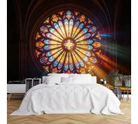 Custom Size Wall Murals Rose Window Stained Glass in Cathedral Wall Murals Gothic Fantasy Scene Wallpaper HD Self-Adhesive Removable Wallpaper for Living Room