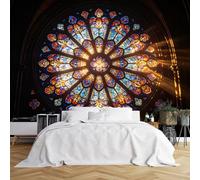 Custom Size Wall Murals Rose Window Stained Glass in Cathedral Wall Murals Gothic Fantasy Scene Wallpaper Vivid Self-Adhesive Removable Wallpaper for Living Room