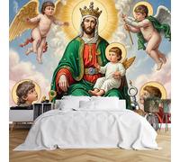 Custom Size Wall Murals,Royal Figure with Cherubs and Angels in Cloudy Sky,Religious Icon - Like Artwork,Self - Adhesive Wall Covering Fabric (NO PVC),Removable Wallpaper for Living Room