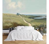 Custom Size Wall Murals,Rural Countryside Dirt Path Green Hills Blue Roof House Marsh Horizon Partly Cloudy Sky,Self-Adhesive Wall Covering Fabric (NO PVC),Removable Wallpaper for Bedroom
