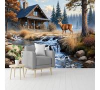 Custom Size Wall Murals, Rustic Log Cabin & Waterfall with Deer Among Evergreen Trees, Self-Adhesive Removable Fabric, Large Photo Wallpaper for Living Room, Bedroom, Office & Kids