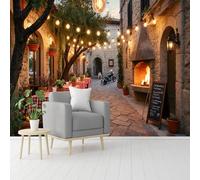 Custom Size Wall Murals, Rustic Outdoor Dining Alley, Stone Buildings & String Lights, Self-Adhesive Removable Peel and Stick Wallpaper, for Living Room, Bedroom, Shop, Office, Kids