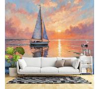 Custom Size Wall Murals,Sailboat on Calm Sea Sunset Impressionist Ocean View Romantic Sky,SelfAdhesive Wall Fabric(NO PVC) Removable Large Wallpaper for Living Room
