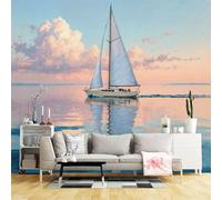 Custom Size Wall Murals,Sailboat Sailing on Calm Water Sunset Sky Clouds Ocean Nautical Marine Seascape Coastal,SelfAdhesive Wall Fabric(NO PVC) Removable Large Wallpaper for Living Room