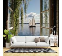 Custom Size Wall Murals,Sailboat View Through Open Window Ocean Landscape Calm Sea Blue Sky Nature Art,SelfAdhesive Wall Fabric(NO PVC) Removable Wallpaper for Living Room,Bedroom