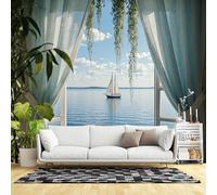 Custom Size Wall Murals,Sailboat View Through Window Ocean Horizon Blue Sky Coastal Scenery Serenity Art,SelfAdhesive Wall Fabric(NO PVC) Removable Wallpaper for Living Room,Bedroom