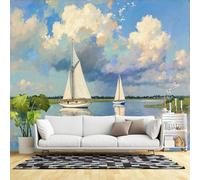 Custom Size Wall Murals,Sailboats on Calm Lake Under Blue Sky and Puffy Clouds Impressionist Seascape Art,SelfAdhesive Wall Fabric(NO PVC) Removable Large Wallpaper for Living Room