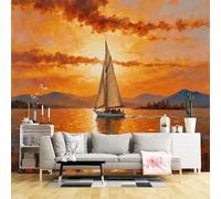 Custom Size Wall Murals,Sailing Boat on Golden Sunset Sea Landscape Mountain Horizon Romantic Coastal View,SelfAdhesive Wall Fabric(NO PVC) Wallpaper for Living Room