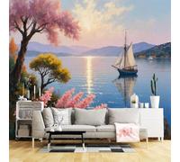 Custom Size Wall Murals,Sailing Boat on Serene Lake Sunset Landscape Pink Blossom Trees Mountain View,SelfAdhesive Wall Fabric(NO PVC) Wallpaper for Living Room