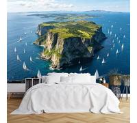 Custom Size Wall Murals Sailing Regatta Around Green Island with Cliffs Wall Murals Coastal Nature Scene Wallpaper Wall Covering Fabric Self-Adhesive Removable Wallpaper for Living Room