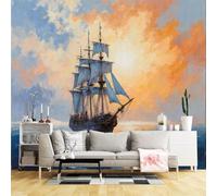 Custom Size Wall Murals,Sailing Ship at Sunset Ocean Waves Seascape Nautical Art Vintage Painting Style,SelfAdhesive Wall Fabric(NO PVC) Wallpaper for Living Room