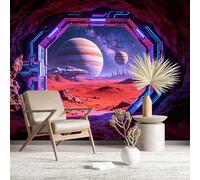 Custom Size Wall Murals Sci-Fi Alien City View Through Cave Portal Vivid Self-Adhesive Wall Fabric (NO PVC) Removable Wallpaper for Game Room Bedroom