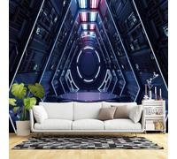 Custom Size Wall Murals,Sci-Fi Spaceship Corridor Dark Metallic Neon Panel Self-Adhesive Wall Fabric (NO PVC) Removable Wallpaper for Living Room, Bedroom,Office