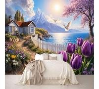 Custom Size Wall Murals Seaside Cottage Garden Tulips Cherry Blossom Mountain View Removable Self-Adhesive Wallpaper for Bedroom Living Room Dining Room