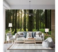 Custom Size Wall Murals,Serene Forest Tall Slender Trees Thick Trunks Sunlight Filtered Canopy Shadows Green Grass Self - Adhesive Wall Fabric (NO PVC),Removable Wallpaper for Living Room