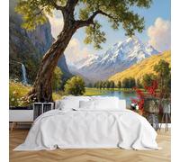 Custom Size Wall Murals,Serene Gnarled Tree Meadow Waterfall Lake Mountain Landscape,Self - Adhesive Wall Covering Fabric (NO PVC),Removable Wallpaper for Living Room Bedroom Office Kids