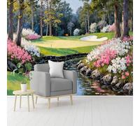 Custom Size Wall Murals, Serene Golf Course with Stream & Flowering Bushes, Self-Adhesive Removable Peel and Stick Wallpaper, for Living Room, Bedroom, Shop, Office, Kids