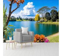 Custom Size Wall Murals, Serene Lake & Orange Flowers & Willow Tree Scene, Self-Adhesive Removable Wall Covering Fabric, Large Photo Wallpaper for Living Room Bedroom Kitchen Office Kids