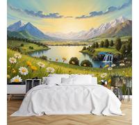 Custom Size Wall Murals,Serene Meadow Daisy Flower Lake Waterfall Mountain Sunset Landscape,Self-Adhesive Wall Covering Fabric (NO PVC),Removable Wallpaper for Living Room Bedroom Office