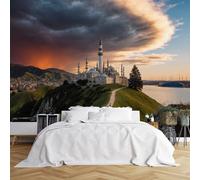 Custom Size Wall Murals,Serene Mosque - Palace on Rocky Hill with Sunset Water View,Self - Adhesive Wall Covering Fabric (NO PVC),Removable Wallpaper for Living Room Bedroom Office Kids