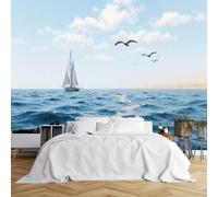 Custom Size Wall Murals,Serene Ocean Scene Sailboat Seagulls Rippled Waters Partly Cloudy Sky,Self-Adhesive Wall Covering Fabric (NO PVC),Removable Wallpaper for Living Room Bedroom Kids