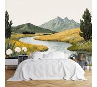 Custom Size Wall Murals,Serene River Valley Landscape with Grassy Hills Snow-Capped Mountains,Self-Adhesive Wall Covering Fabric (NO PVC),Removable Wallpaper for Living Room Bedroom Office