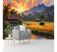 Custom Size Wall Murals, Serene Rural Landscape Sunset & Water Buffalo, Self-Adhesive Removable Wall Covering Fabric, Large Photo Wallpaper for Living Room Bedroom Kitchen Office Kids