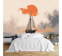Custom Size Wall Murals,Serene Sailboat on Calm Waters Sunrise Sunset Reflection Artistic Painting,Self-Adhesive Wall Covering Fabric (NO PVC),Removable Wallpaper for Living Room Bedroom