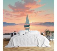 Custom Size Wall Murals,Serene Seascape Sunset Sailboat Calm Waters Pink Orange Sky Reflection Silhouette Mountain Range,Self-Adhesive Wall Covering Fabric (NO PVC),Removable Wallpaper
