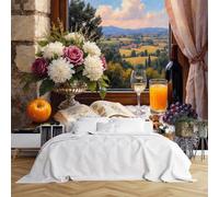 Custom Size Wall Murals,Serene Still - Life with Wooden Table Floral Book Pumpkin Grapes Orange Juice Wine Glass Flowers Landscape,Self-Adhesive Removable Wallpaper for Living Room Bedroom