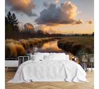 Custom Size Wall Murals,Serene Sunrise Sunset Natural Landscape Dramatic Clouds Stream Reeds, Self - Adhesive Wall Covering Fabric (NO PVC), Removable Wallpaper for Living Room Bedroom Kids
