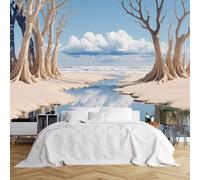 Custom Size Wall Murals,Serene Surreal Landscape Symmetrical Trees Waterway Sky Reflection,Self-Adhesive Wall Covering Fabric (NO PVC),Removable Wallpaper for Living Room Bedroom Office Kids