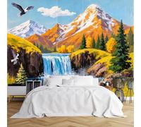 Custom Size Wall Murals,Serene Waterfall Eagle Mountain Landscape Painting, Self-Adhesive Wall Covering Fabric (NO PVC), Removable Wallpaper for Living Room Bedroom Office Kids