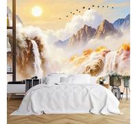 Custom Size Wall Murals,Serene Waterfall Mountain Misty Clouds Sunlit Landscape,Self-Adhesive Wall Covering Fabric (NO PVC),Removable Wallpaper for Living Room Bedroom Office Kids