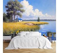 Custom Size Wall Murals,Serene Waterfront Landscape Golden Grasses Yellow Flowers White House Blue Roof Partly Cloudy Sky Forest Horizon,Self-Adhesive Removable Wallpaper for Living Room