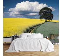 Custom Size Wall Murals,Serene Yellow Fields Green Tree Dirt Path Cloudy Sky Rural Landscape,Self-Adhesive Wall Covering Fabric (NO PVC),Removable Wallpaper for Living Room Bedroom Kids