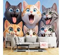 Custom Size Wall Murals,Six Animated Fluffy Cats with Expressive Eyes Self-Adhesive Wall Fabric (NO PVC) Removable Large Photo Wallpaper for Living Room, Bedroom, Office