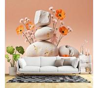 Custom Size Wall Murals,Stacked White Stones with Orange and Pink Flowers Minimalist Zen Art,SelfAdhesive Wall Fabric(NO PVC) Removable Large Wallpaper for Living Room