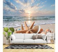 Custom Size Wall Murals,Starfish Seashells Beach Sunset Ocean Waves Coastal Landscape,SelfAdhesive Wall Fabric(NO PVC) Removable Large Wallpaper for Living Room