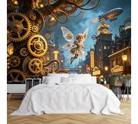 Custom Size Wall Murals Steampunk Fairy Flying Over Victorian City Wall Murals Fantasy Industrial Wallpaper Realistic Self-Adhesive Removable Wallpaper for Study Room