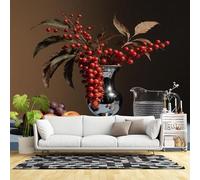 Custom Size Wall Murals,Still Life Red Berries Silver Vase Apples Grapes Classic Art Composition,SelfAdhesive Wall Fabric(NO PVC) Removable Large Wallpaper for Living Room